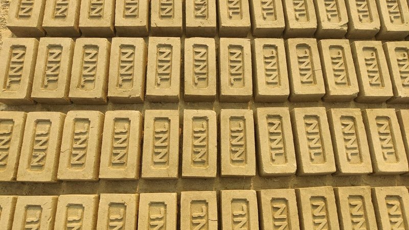 हर ईंट पर NNL की मोहर — freshly moulded NNL-stamped bricks drying, रेवती